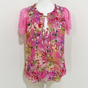 Hale Bob Kailani Pink Floral Tropical Top Lace Short Sleeves Size S